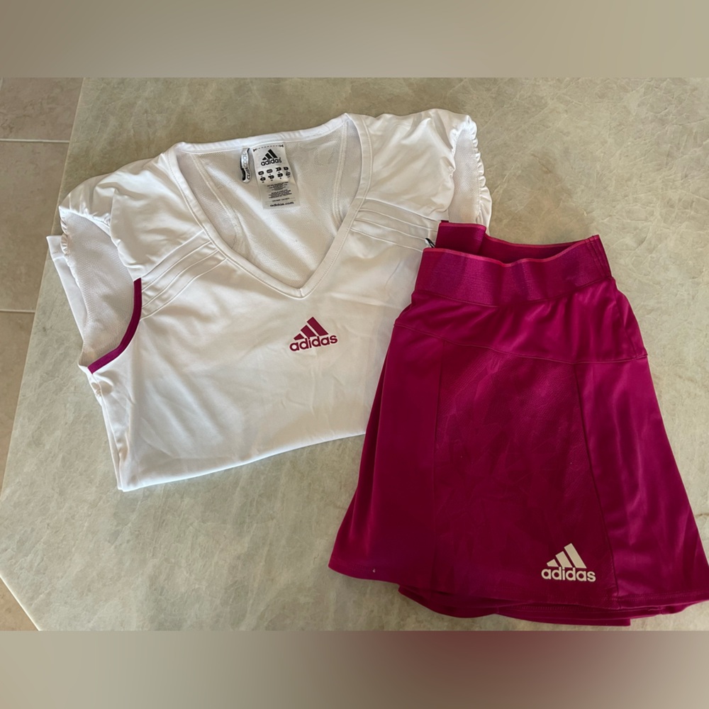 Magenta and white Adidas tennis set